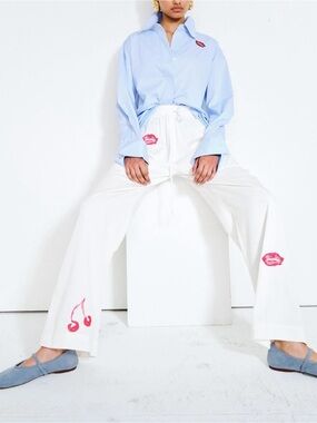 Romy x Anouk Colantoni White Tencel Cotton Lounge Pants Red Lips Cherries L